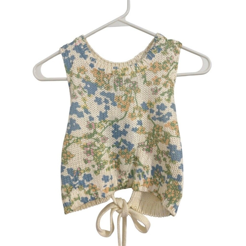 LE LIS Crop Sweater Tank Women S Cream Floral Tie Back Open Back Knit Top NWT